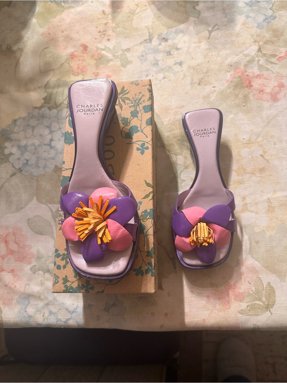 Charles Jourdan Lavender Slides with Pink & Purple Flower Detail